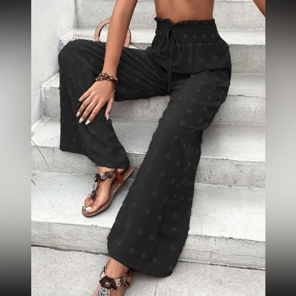 Swiss Dot Smocked Waist Wide Leg Palazzo Pants Black - Picture 1 of 5